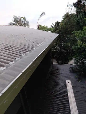 Gutter guard mesh along a metal roof edge and gutter